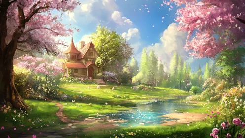 Spring cottage beside reflective stream in lush flowering grove.