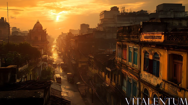 Sunlit alleyways bathe an old city in molten amber glow.