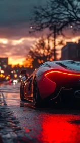 Red sports car on wet city street at dusk with lights on.