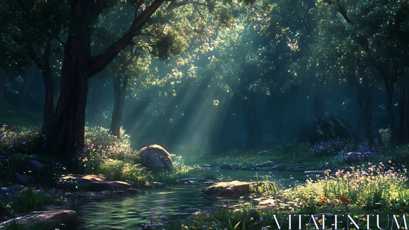 Enchanted forest stream bathes in luminous golden light rays through canopy