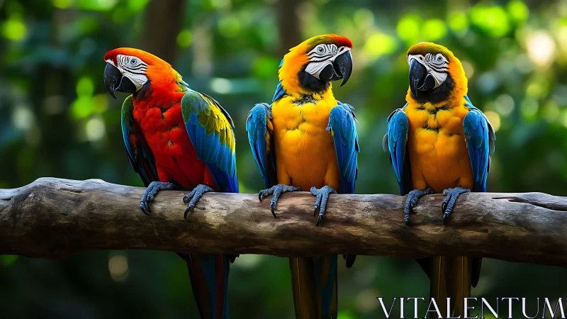 Three Colorful Parrots on a Branch in Vibrant Nature Photography.