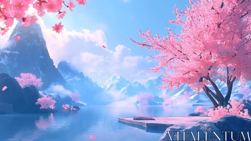 Glacial alpine lake with luminous cherry blossom canopy panorama.