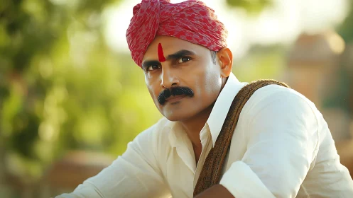Rural Indian man in red turban and white shirt outdoors.