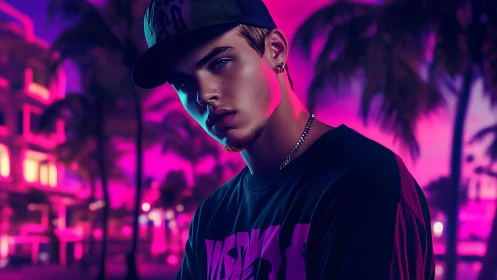 Young man in neon cityscape at night, stylized portrait.