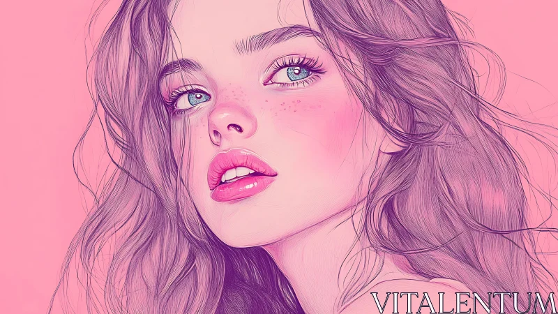 Pink monochrome digital portrait of young woman profile