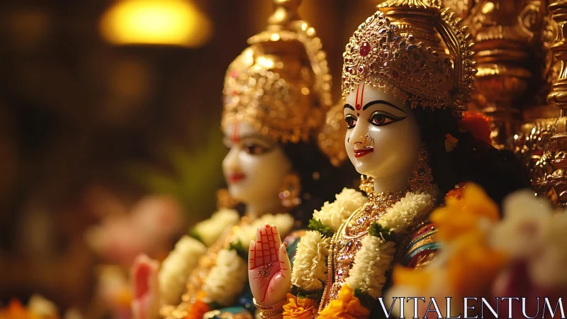 Gilded Hindu deities glow amid marigolds and candlelit halos.