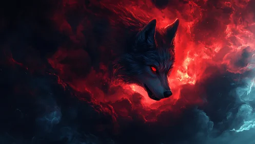 Ember-eyed astral wolf stalks through torn cosmic storm.