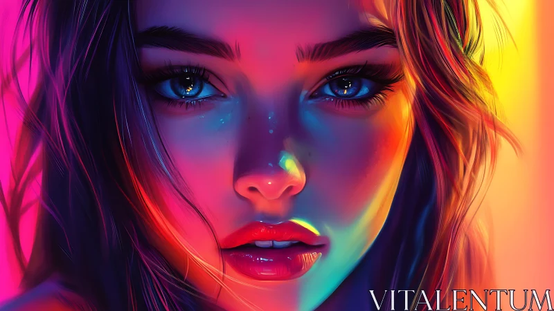Neon lit close up portrait of young woman in bold color.