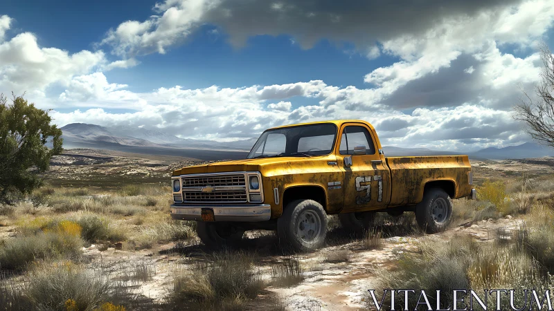 Weathered yellow pickup rests under bright desert sky
