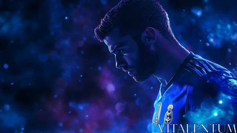 Neon-lit football portrait in cosmic blue vapor glow.