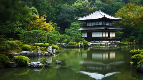 Traditional Japanese pavilion mirrored in still reflective garden pond