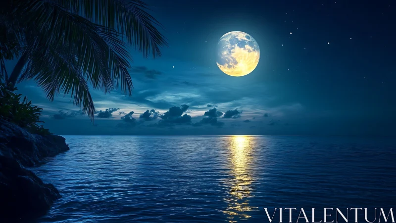 Full moon over tropical ocean with luminous reflections.