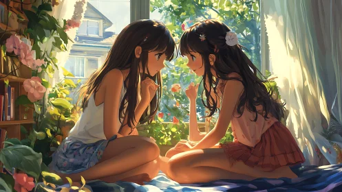 Summer light and secret smiles between two close friends.