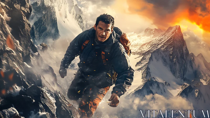 Dynamic alpine climber on rugged snowy ridge at sunrise