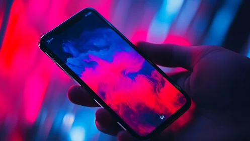 Neon smartphone display glows against a moody cyber backdrop
