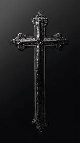 Ornate black metal cross with reflective carved detail.