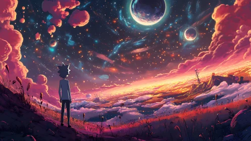 Celestial horizon vista with lone silhouetted observer at dusk