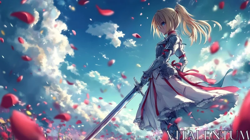 Armored anime heroine amid rose petals and stormlit sky.