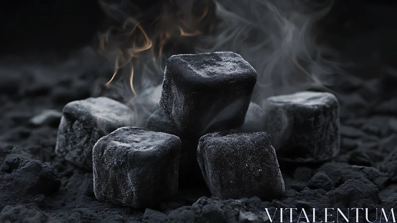Smoldering charcoal cubes on dark ash bed in closeup view.