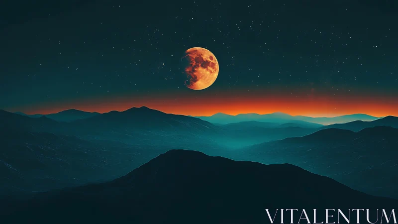 Gentle moonrise glowing above dreamy teal mountain waves.