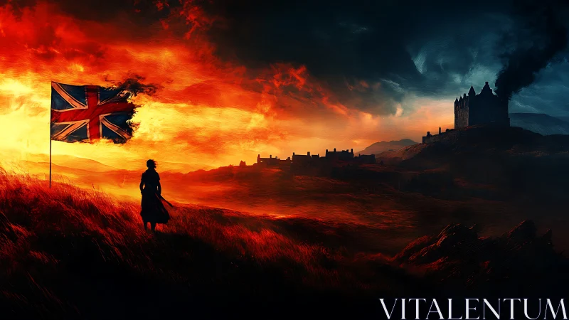Burning sky engulfs lone figure beneath torn union flag.