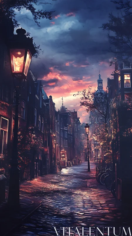 Nocturnal cobblestone avenue with volumetric sunset lighting.
