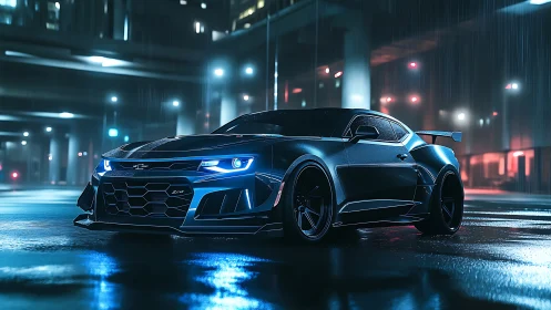 Midnight sports car stands under neon rain in wet city street