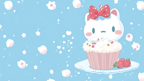 Cartoon cat character inside cupcake on blue background.