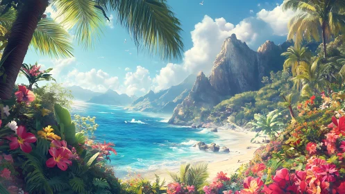 Tropical Coastal Landscape with Mountain Formation and Flowering Vegetation