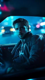Neo-noir driver framed in moody blue city light.