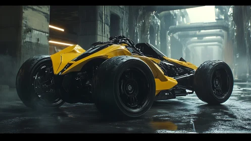 Yellow cyberpunk race trike under wet industrial overpass.