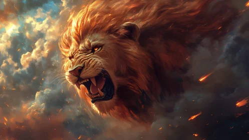 Roaring fire lion head emerging through storm clouds.