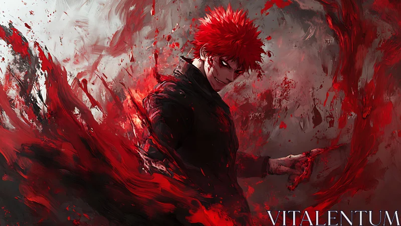 Blood-swept anime figure with dynamic red energy streaks and motion
