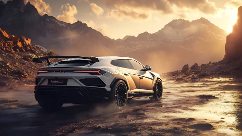 High-performance SUV on rugged alpine track at golden hour