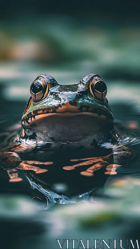 Frog emerges at water surface with shallow depth of field