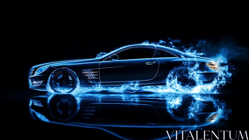 Electric blue sports car wrapped in futuristic flame light.