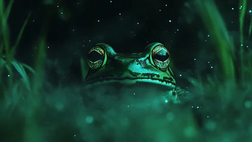 Green frog at night in misty grass with glowing details.