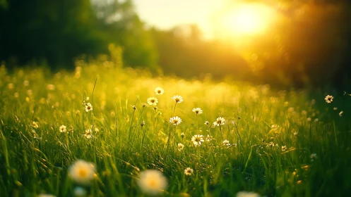 Backlit wildflower meadow under glowing golden sunset light.