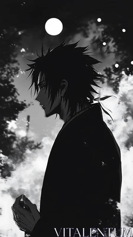 Nocturnal anime profile under moonlit monochrome sky.