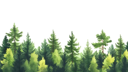 Watercolor evergreen forest skyline with layered foliage.