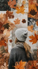 Autumn collage of woman in knitwear amid layered maple leaves.