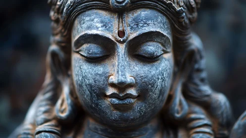 Weathered stone deity visage with meditative optical focus.
