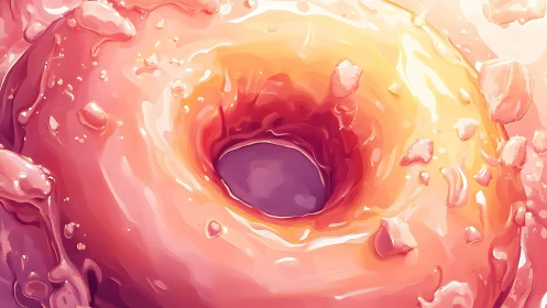 Glazed donut vortex with molten pastel icing and crumbs.