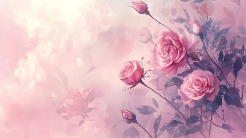 Pink Roses Dancing Through Misty Watercolor Dreams