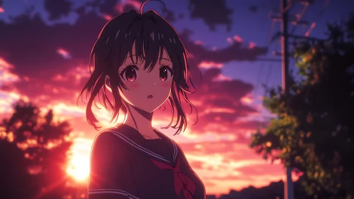 Anime student stands outdoors at dusk against lit cloudscape