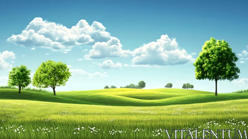 Sunlit rolling meadow with clustered deciduous trees and cumulus clouds