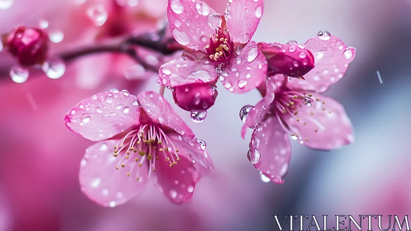 Pink blossoms adorned with raindrops, nature's delicate beauty moment.