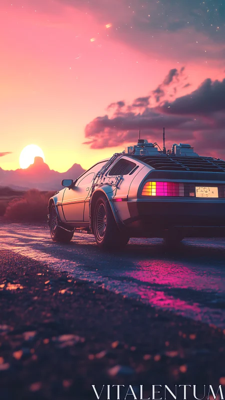 Retro-futuristic stainless car on neon desert highway at dusk.