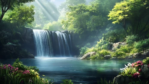 Sunlit forest waterfall cascades into a tranquil emerald pool