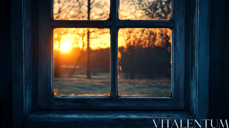 Sunset landscape framed by weathered wooden window panes